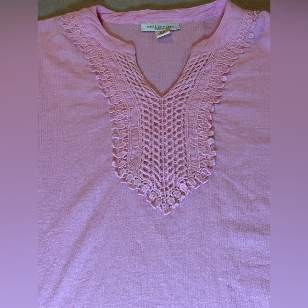 Appleseeds Pink Tunic w/Embroidered Lace Yoke Fabric Natural Wrinkle Size 2X - Picture 6 of 11